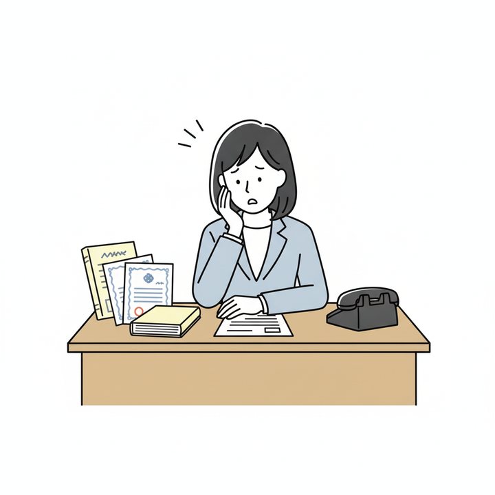 本や資格を持っているのに電話が鳴らず、ため息をつく女性コンサルタントのイラスト