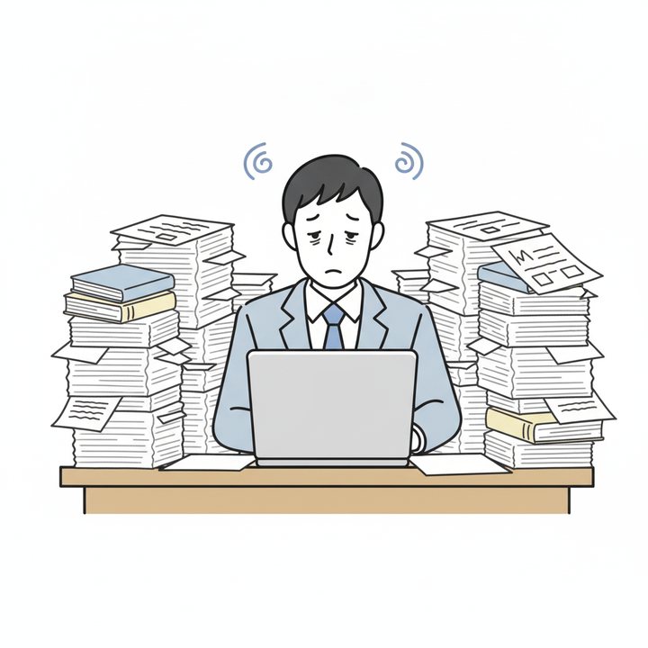 書類や申請の山に埋もれて疲れ果てている男性のイラスト