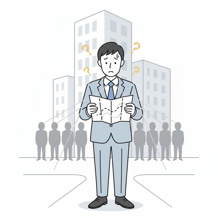 地図を手に、団体やエージェントに頼るしかないと迷っている男性のイラスト
