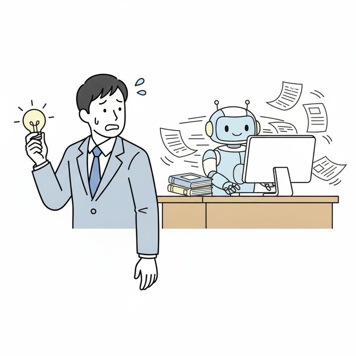 AIロボットに仕事を奪われそうで焦りつつ、自分の売りモノのアイデアをつかむ男性のイラスト
